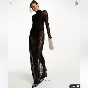 Black lace overlay bodysuit long sleeve maxi dress